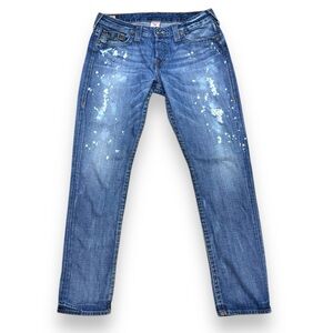 True Religion 100% Cotton 5 Pocket Mid Rise Strait Leg Designer Bleached Jeans